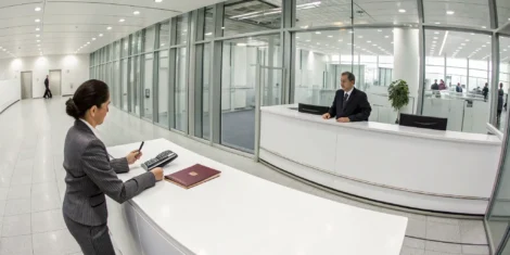 Modern Chinese visa application service center with staff assisting applicants.