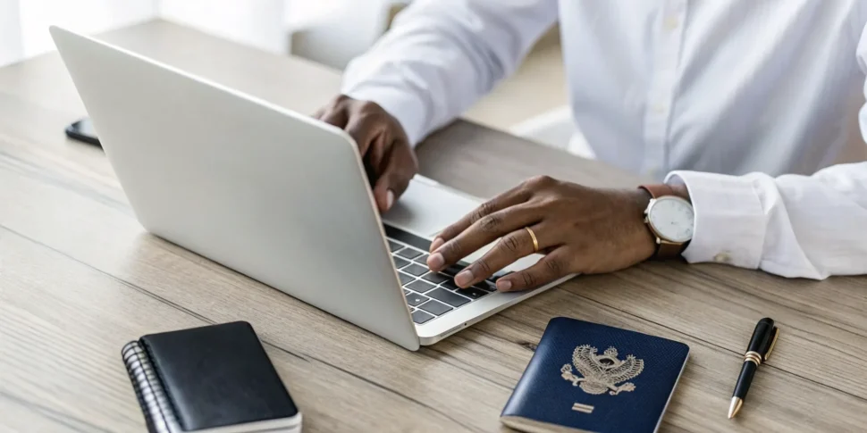 Man completing an online application for his Indian passport.