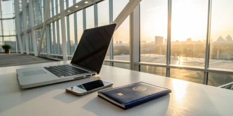 Applying for a Canada visa online with a laptop, phone, and passport on a desk.