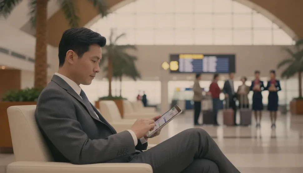 Business traveler in a suit preparing travel documents at a bright modern airport lounge