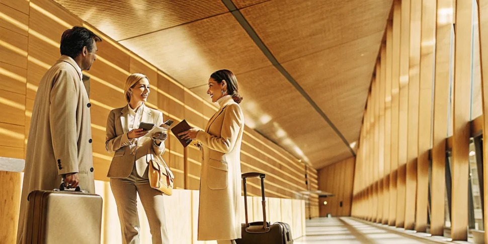 Corporate travel professionals reviewing passports and travel documents before an international business trip