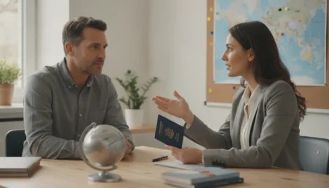 Passport specialist helping a traveler plan an expedited passport renewal service
