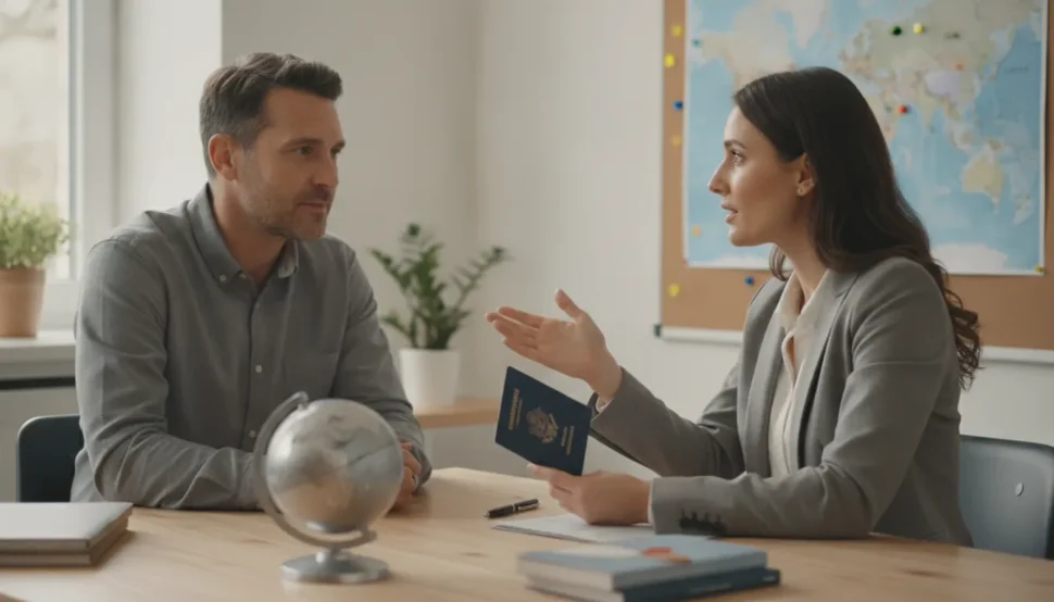 Passport specialist helping a traveler plan an expedited passport renewal service