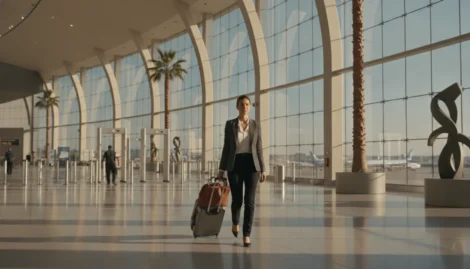 Business traveler walking through a bright, modern airport terminal with a carry-on bag