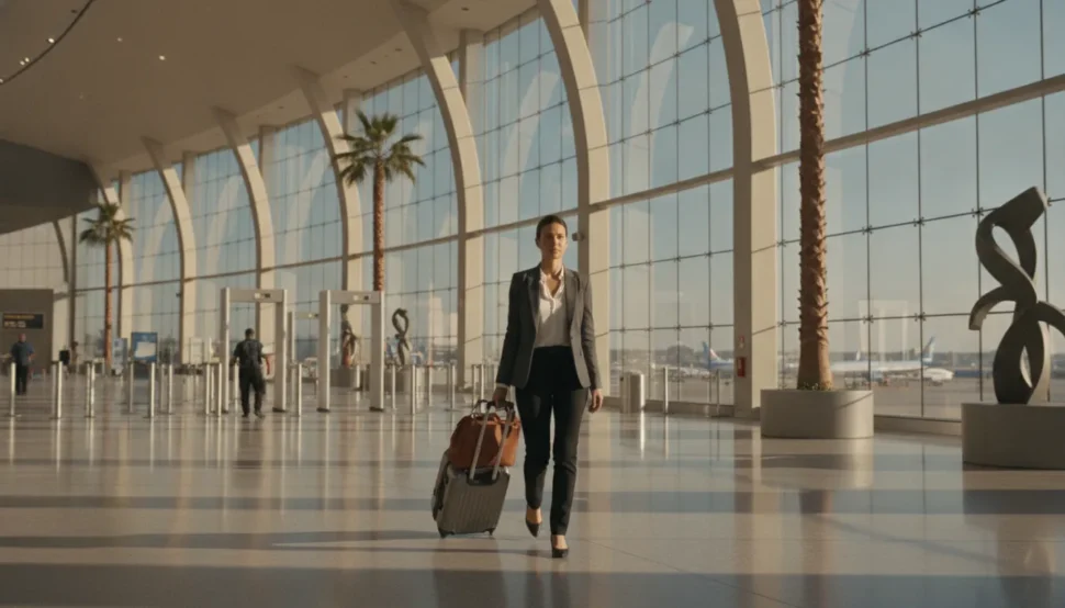 Business traveler walking through a bright, modern airport terminal with a carry-on bag