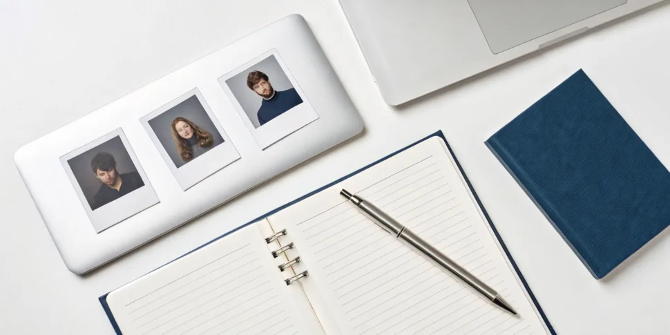 A desk with the documents and photos needed to renew a passport.