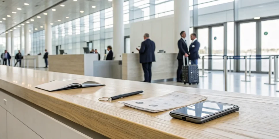 Passport application and required documents on a counter at a passport office.