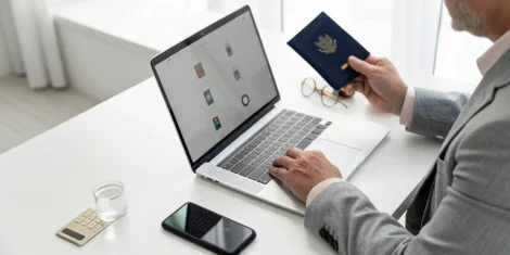 A person uses a laptop to apply for a passport online.