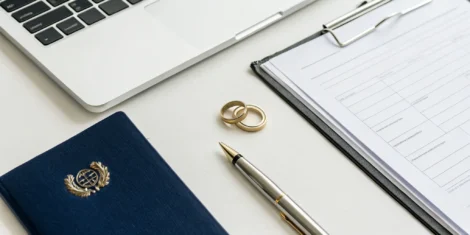 Wedding rings, a passport, and an application form for a name change after marriage.
