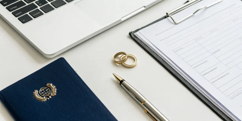 Wedding rings, a passport, and an application form for a name change after marriage.