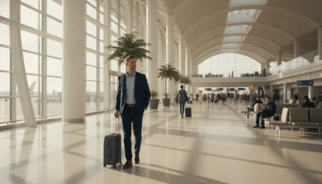 Business traveler walking through a bright, modern airport terminal with a carry-on bag