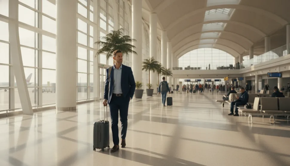 Business traveler walking through a bright, modern airport terminal with a carry-on bag