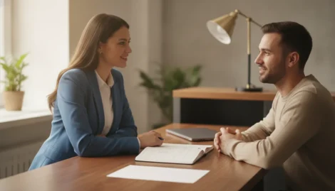 Passport specialist helping a traveler schedule a passport appointment