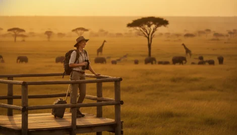 Traveler overlooking the Kenyan savanna with luggage at golden hour
