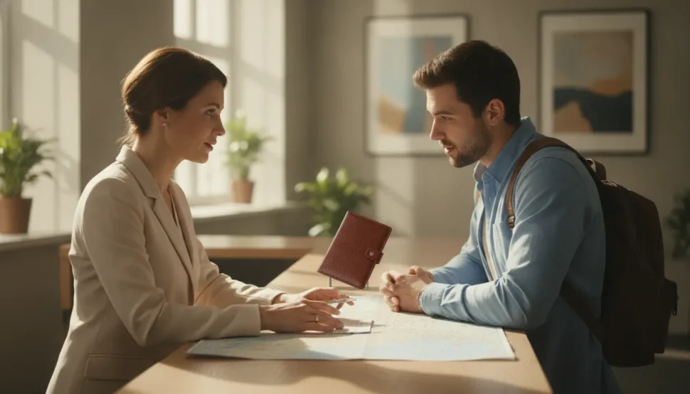 Passport specialist helping a traveler review an urgent renewal