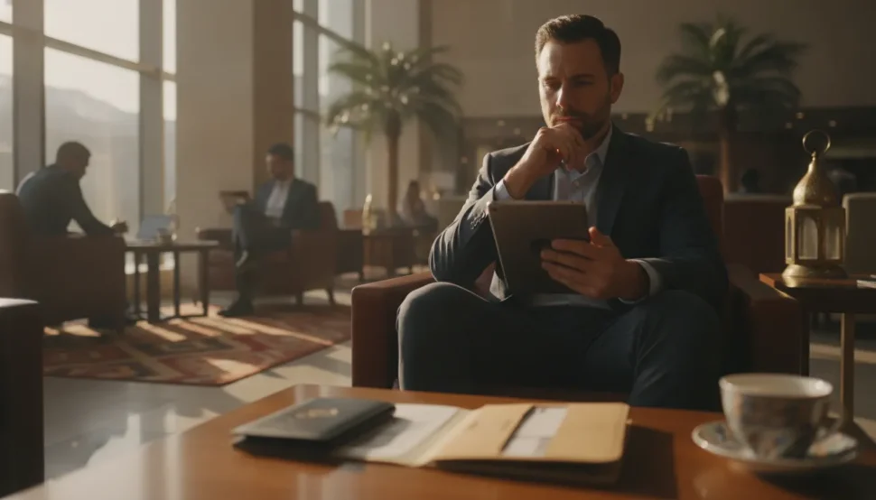 US business traveler preparing international travel documents in an airport lounge before a business trip to Saudi Arabia