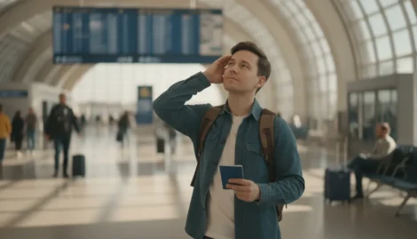 Traveler at an international airport checking departure information while holding a passport, illustrating emergency passport replacement before a trip
