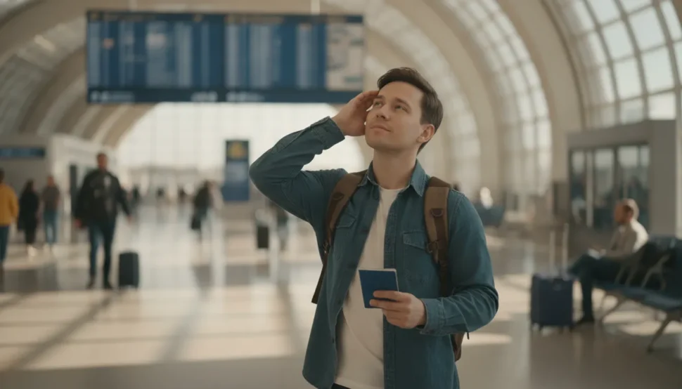Traveler at an international airport checking departure information while holding a passport, illustrating emergency passport replacement before a trip