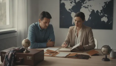 Passport specialist reviewing travel documents with a traveler