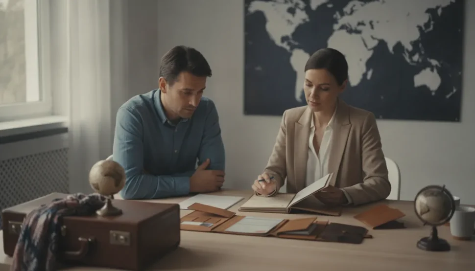 Passport specialist reviewing travel documents with a traveler
