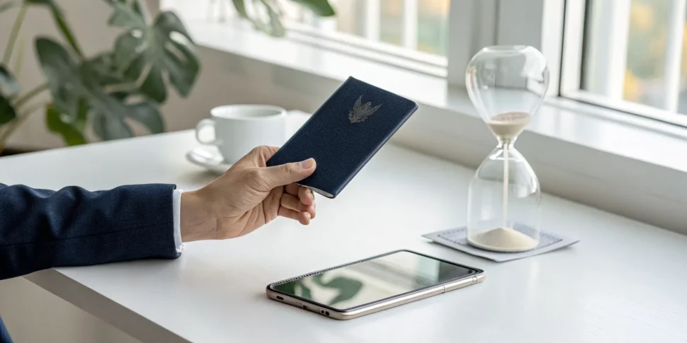 A person checks their passport application status on a smartphone next to an hourglass.