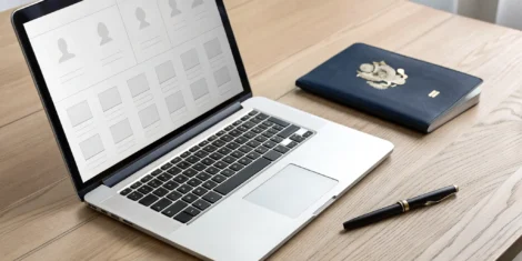 Online passport application on a laptop screen next to a passport and a pen.
