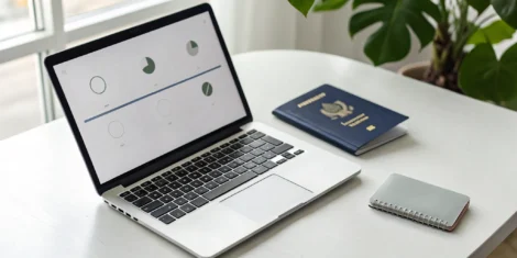 A laptop and passport on a desk, ready to renew a passport online.