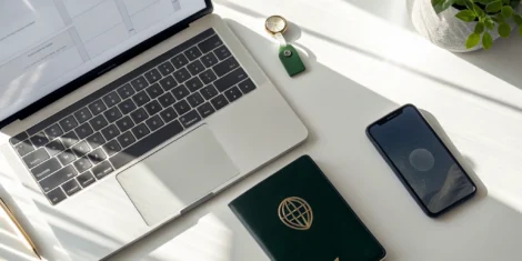 Passport and laptop for completing the India visa online application.