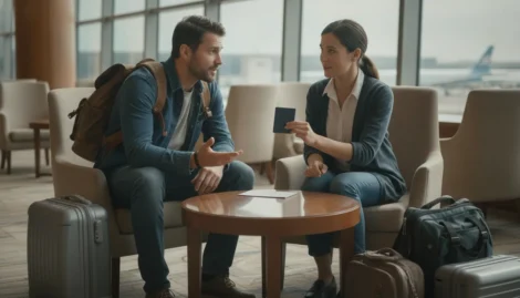 Traveler speaking with a document specialist after a passport theft