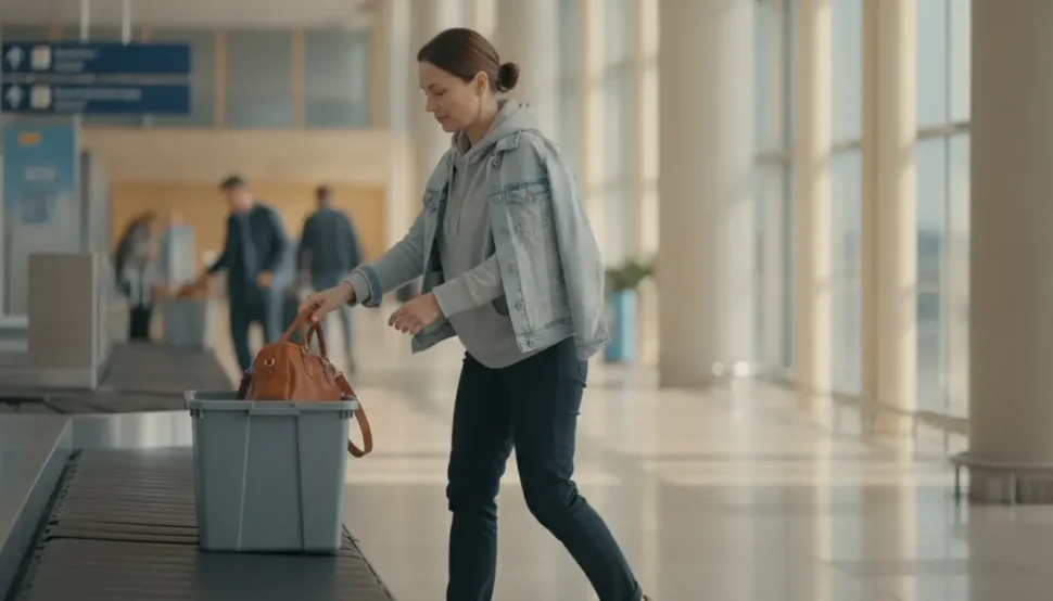 Traveler moving through an airport security checkpoint during a TSA PreCheck application guide