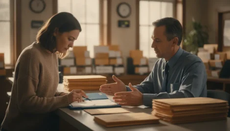 Passport applicant reviewing documents with an acceptance agent
