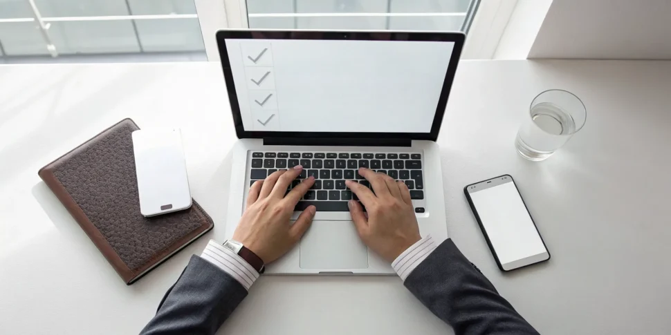 A person checking their visa status online on a laptop.