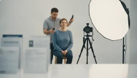 Traveler having a Walgreens passport photo checked under even studio lighting