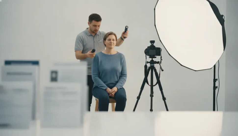 Traveler having a Walgreens passport photo checked under even studio lighting