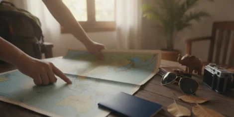 U.S. passport and travel documents arranged beside a map while planning a trip to Cambodia