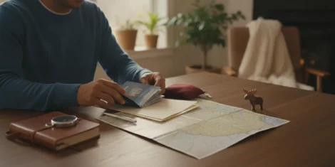 US traveler organizing a passport and travel documents for a trip to Canada