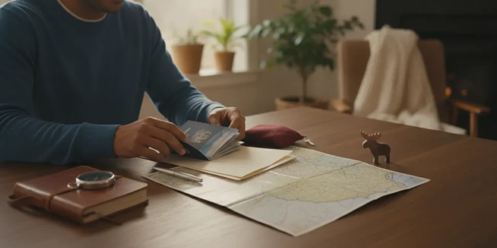 US traveler organizing a passport and travel documents for a trip to Canada