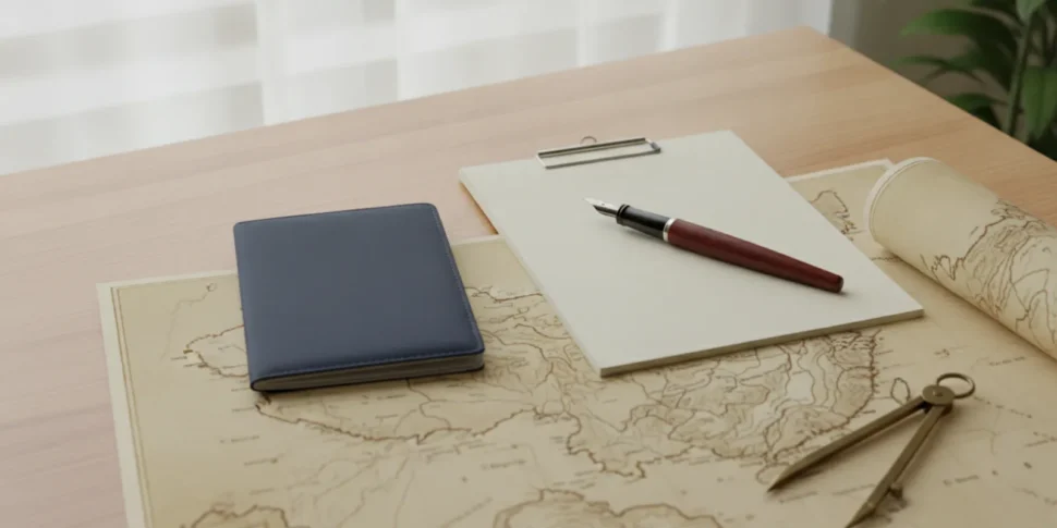 U.S. passport and travel documents arranged beside a map while planning a trip to China