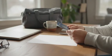 Traveler in Connecticut organizing a U.S. passport and travel documents before a trip