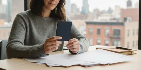 Traveler reviewing a U.S. passport and application papers at a desk in New York City