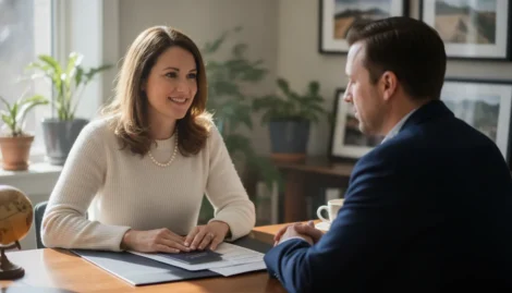 A travel advisor reviews a passport and itinerary with a traveler at a bright office desk