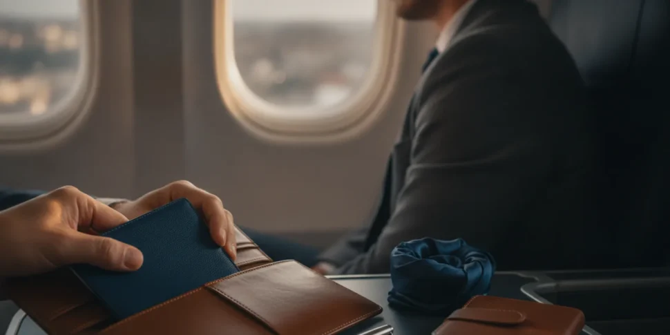U.S. passport and organized business travel documents beside a laptop