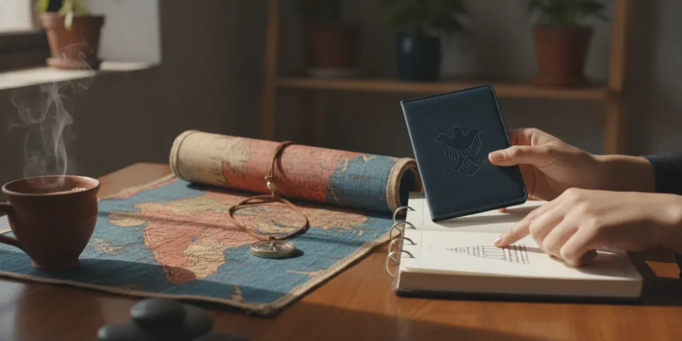 Traveler organizing a U.S. passport and travel documents for a trip to India