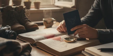 U.S. passport and travel papers beside a map while a traveler plans a trip to South Korea