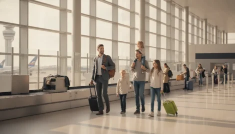 Business traveler and family walking through an airport terminal
