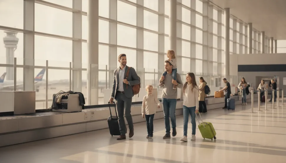 Business traveler and family walking through an airport terminal