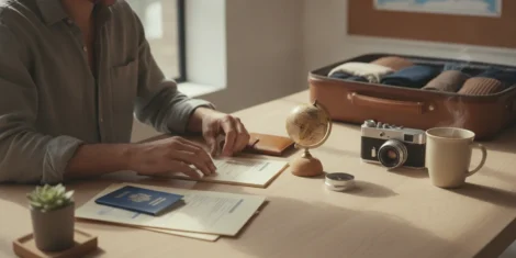 Traveler organizing a passport and visa paperwork beside a calendar